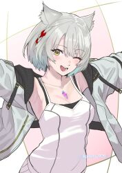 Rule 34 | 1girl, absurdres, animal ear fluff, animal ears, blush, breasts, camisole, cat ears, chest jewel, grey hair, highres, jacket, karian909, long sleeves, looking at viewer, mio (xenoblade), short hair, simple background, skirt, smile, solo, tank top, white background, white camisole, white jacket, white skirt, xenoblade chronicles (series), xenoblade chronicles 3, yellow eyes