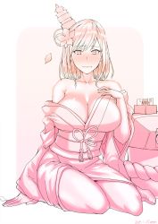 Rule 34 | 1girl, absurdres, attyon, bare shoulders, blush, breasts, cleavage, closed mouth, dated, flower, hair flower, hair ornament, hand on own chest, headgear, highres, japanese clothes, kantai collection, large breasts, looking at viewer, monochrome, obi, off shoulder, petals, pink theme, rigging, sash, short hair, signature, simple background, sitting, solo, tearing up, tears, yamashiro (kancolle)