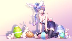 Rule 34 | 1girl, animal ears, artist name, ayu (force of will), bad id, bad pixiv id, bare shoulders, blue hair, bow, bowtie, breasts, cleavage, coffinkun, easter egg, egg, fishnet thighhighs, fishnets, force of will, gloves, kneeling, long hair, medium breasts, open mouth, purple hair, rabbit, rabbit ears, rabbit tail, side ponytail, smile, solo, tail, thighhighs, yellow eyes