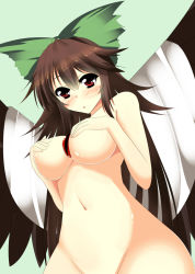 Rule 34 | 1girl, :o, between breasts, bird wings, blush, bow, breasts, brown hair, cleavage, collarbone, covering privates, covering breasts, cowboy shot, green background, green bow, groin, hair bow, large bow, large breasts, long hair, looking at viewer, navel, nitoridio, nude, open mouth, out-of-frame censoring, red eyes, reiuji utsuho, ribbon, simple background, solo, stomach, third eye, touhou, very long hair, wings