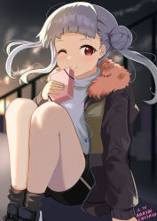Rule 34 | 1girl, absurdres, arashi chisato, birthday, blush, box, character name, commentary, dated, double bun, english text, gift, gift box, guard rail, hair bun, highres, holding, holding gift, hood, hood down, hooded jacket, jacket, long hair, looking at viewer, love live!, love live! superstar!!, one eye closed, pisagi, red eyes, short shorts, shorts, sitting, smile, solo, white hair
