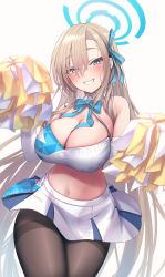 Rule 34 | 1girl, absurdres, asuna (blue archive), blue archive, blue bow, blue bowtie, blue eyes, blue ribbon, bow, bowtie, breasts, brown hair, brown pantyhose, cheerleader, cleavage, clothes writing, commentary request, cosplay, hair between eyes, hair ribbon, halo, hibiki (blue archive), highres, large breasts, long hair, looking at viewer, midriff, mole, mole on breast, navel, pantyhose, pom pom (cheerleading), ribbon, sada mamesuke, simple background, skirt, solo, white background, white skirt