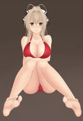 Rule 34 | 10s, 1girl, ahoge, amagi brilliant park, barefoot, bikini, blush, bow, breasts, brokoli, brown eyes, brown hair, cleavage, feet, hair bow, highres, large breasts, legs, long hair, looking at viewer, o-ring, o-ring bikini, o-ring top, ponytail, red bikini, sento isuzu, sitting, solo, swimsuit, thighs
