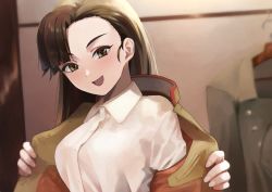 Rule 34 | 1girl, asymmetrical bangs, blurry, blurry background, brown eyes, brown hair, brown jacket, chi-hatan school uniform, commentary, depth of field, dress shirt, girls und panzer, high collar, indoors, jacket, kiya hajime, long hair, long sleeves, looking at viewer, nishi kinuyo, open clothes, open jacket, open mouth, opened by self, school uniform, shirt, smile, solo, straight hair, undressing, upper body, white shirt, wing collar