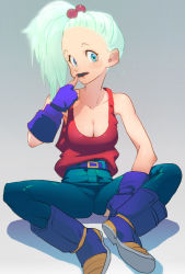 Rule 34 | 1990s (style), 1girl, aqua hair, bad id, bad pixiv id, blue eyes, boots, bra (dragon ball), breasts, butterfly sitting, cleavage, cosplay, dragon ball, dragon ball gt, fake facial hair, fake mustache, fingerless gloves, gloves, gradient background, hair bobbles, hair ornament, highres, knees apart feet together, large breasts, looking at viewer, pants, ponytail, retro artstyle, simple background, sitting, solo, supobi, tank top, vegeta, vegeta (cosplay)