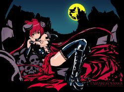 Rule 34 | 1girl, black footwear, black thighhighs, boots, breasts, building, chain, cosplay, demon, demon girl, female focus, full moon, head rest, horns, kousaka tamaki, long skirt, looking at viewer, moon, red hair, red skirt, refeia, shiny clothes, shiny skin, skirt, skull, solo, thighhighs, to heart (series), to heart 2