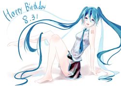 Rule 34 | 1girl, absurdly long hair, anniversary, aqua eyes, aqua hair, aqua necktie, artist name, artist request, bare legs, bare shoulders, barefoot, black skirt, black sleeves, blue eyes, blue hair, blue necktie, breasts, collarbone, collared shirt, detached sleeves, feet, female focus, frilled shirt collar, frills, full body, hair between eyes, hair ornament, hatsune miku, knees up, leg up, long hair, looking at viewer, miniskirt, nail polish, necktie, number tattoo, parted lips, pleated skirt, shirt, shoulder tattoo, sitting, skirt, sleeveless, sleeveless shirt, sleeves past wrists, small breasts, smile, solo, tattoo, thighhighs, tie clip, twintails, very long hair, village (pixiv28691919), vocaloid, white background, white shirt, wide sleeves, wing collar, zettai ryouiki
