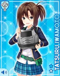 Rule 34 | 1girl, belt, blazer, blue background, blue bow, blue jacket, body armor, bow, brown hair, buttons, card, character name, dropping, girlfriend (kari), goggles, grey eyes, iwamoto tatsuru, jacket, official art, open mouth, plaid, plaid skirt, ponytail, pouch, qp:flapper, shirt, skirt, smile, solo, standing, surprised, tagme, white shirt