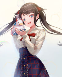 Rule 34 | 1girl, animal, blouse, blue background, blue eyes, blue sky, bow, bowtie, brown hair, bubble, center frills, collared shirt, commentary request, dated, frilled shirt, frills, gradient background, hair ribbon, hands up, highres, holding, holding animal, hololive, kinoko (shikimylove), long hair, long sleeves, looking at viewer, oozora subaru, oozora subaru (casual), open mouth, pentagon (shape), plaid, plaid skirt, red bow, red bowtie, red ribbon, ribbon, shirt, signature, skirt, sky, smile, solo, subaru duck, teeth, twintails, upper body, upper teeth only, virtual youtuber, white shirt, yellow background