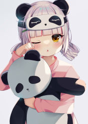 Rule 34 | 1girl, absurdres, aika meru, animal ears, blunt bangs, blush, eye mask, fake animal ears, highres, ikazu401, looking at viewer, mole, mole under eye, hugging object, one eye closed, pale skin, panda, rubbing eyes, silver hair, simple background, solo, stuffed toy, tired, twintails, virtual youtuber, white background, yellow eyes, yumelive