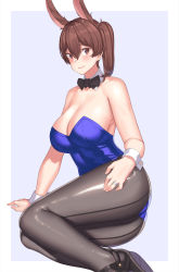 Rule 34 | 1girl, animal ears, arm support, ass, back-seamed legwear, black pantyhose, blue leotard, bow, bowtie, breasts, brown eyes, brown hair, cleavage, detached collar, fake animal ears, franham, hair between eyes, highres, jewelry, kaga (kancolle), kantai collection, large breasts, leotard, looking at viewer, lying, on side, outside border, pantyhose, playboy bunny, purple background, rabbit ears, ring, seamed legwear, side ponytail, simple background, solo, strapless, strapless leotard, wedding band, wrist cuffs