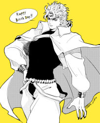Rule 34 | 1boy, bracelet, cape, closed mouth, commentary request, dio brando, earrings, english text, grm jogio, happy birthday, headband, jacket, jewelry, jojo no kimyou na bouken, long hair, long sleeves, looking at viewer, male focus, nail polish, pants, solo, speech bubble, stardust crusaders, yellow background
