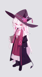 Rule 34 | 1girl, absurdres, black footwear, black hat, blouse, book, boots, cloak, demon tail, doribae, earrings, full body, grey background, hair ornament, hairclip, hat, high-waist skirt, highres, holding, holding book, jewelry, long hair, looking at viewer, original, pink eyes, pointy ears, purple skirt, shirt, simple background, skirt, solo, tail, very long hair, white hair, white shirt, witch, witch hat