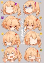 Rule 34 | &gt;:(, &gt; &lt;, ..., 1girl, :d, = =, ^ ^, artist name, blonde hair, blush, bow, clenched hand, closed eyes, commentary request, constricted pupils, expressions, closed eyes, fang, fang out, flandre scarlet, gotou (nekocat), grabbing another&#039;s hair, grey background, hair between eyes, hair bobbles, hair bow, hair ornament, hair ribbon, hand up, highres, laughing, multiple views, musical note, open mouth, parted lips, pink ribbon, pointy ears, portrait, purple bow, red bow, red ribbon, ribbon, short hair, side ponytail, signature, simple background, smile, tears, touhou, translation request, turn pale, v-shaped eyebrows, wiping tears