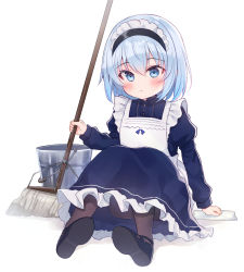 Rule 34 | 1girl, aged down, alternate costume, apron, black footwear, blue dress, blue eyes, blue hair, brown pantyhose, bucket, commentary request, dress, enmaided, frilled apron, frilled dress, frills, full body, gyozanuko, hair between eyes, highres, juliet sleeves, long sleeves, maid, maid apron, maid headdress, mop, pantyhose, puffy sleeves, rag, ryuuou no oshigoto!, shadow, shoe soles, shoes, sitting, solo, sora ginko, white apron, white background