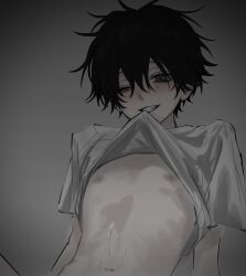 1boy bags_under_eyes black_hair blush clothes_lift cum cum_on_body cum_on_stomach grey_background grin hair_between_eyes highres imai_akira korean_commentary looking_at_viewer male_focus messy_hair mouth_hold nipples one_eye_closed original pale_skin shirt shirt_lift short_sleeves simple_background smile solo sweat teeth_hold upper_body white_shirt