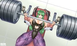 Rule 34 | 1girl, abs, barbell, breasts, capcom, cosplay, exercising, extreme muscles, female focus, gradient background, leotard, morrigan aensland, muscular, ren (tainca2000), solo, vampire (game), weightlifting, weights