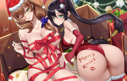 Rule 34 | 2girls, ass, bare shoulders, black hair, blush, breasts, brown hair, christmas, christmas tree, cleavage, collarbone, commentary, elbow gloves, flower, from behind, genshin impact, gloves, green eyes, hair flower, hair ornament, hairband, hat, highres, large breasts, leotard, lipstick, lipstick mark, lisa (genshin impact), long hair, looking at viewer, looking back, makeup, merry christmas, mona (genshin impact), multiple girls, one eye closed, parted lips, piukute062, red gloves, red hairband, red headwear, red legwear, red leotard, red ribbon, ribbon, santa hat, sitting, smile, thighhighs, twintails