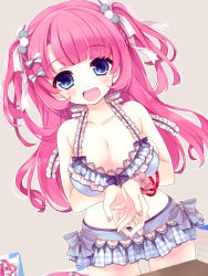 Rule 34 | 1girl, blue eyes, bow, breasts, cleavage, frills, hair ornament, hair ribbon, large breasts, moriyama shijimi, nail polish, open mouth, original, pink hair, ribbon, skirt, smile, solo, swimsuit, twintails, two side up
