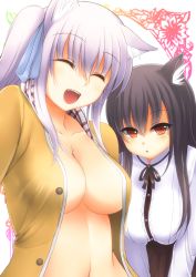 Rule 34 | 2girls, animal ears, aogu, black hair, blush, borrowed character, breasts, cat ears, cleavage, closed eyes, highres, large breasts, long hair, mia flatpaddy, multiple girls, open clothes, open mouth, open shirt, original, shia flatpaddy, shirt, smile