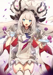Rule 34 | 1girl, :d, armor, armored dress, blue eyes, cowboy shot, cup, dress, fate/grand order, fate (series), flower, gloves, grey background, hair flower, hair ornament, hat, highres, holding, holding cup, holding saucer, large hat, long hair, looking at viewer, marie antoinette (fate), marie antoinette (third ascension) (fate), no-kan, open mouth, petals, pinky out, rose, rose petals, saucer, short dress, silver hair, sleeveless, sleeveless dress, smile, solo, teacup, thigh gap, thighhighs, twintails, white dress, white gloves, white hat, white thighhighs, zettai ryouiki