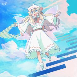 Rule 34 | 1girl, blonde hair, blue eyes, blue sky, blush, bow, cloud, commentary request, day, dress, fairy wings, hair bow, hat, highres, lily white, long hair, looking at viewer, open mouth, outstretched arms, red bow, red sash, sash, shoes, signature, sky, smile, solo, stairs, touhou, white dress, white footwear, white hat, wide sleeves, wings, yutamaro