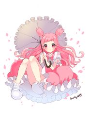 Rule 34 | 1girl, :o, artist name, bow, bowtie, braid, cherry blossom cookie, cherry blossoms, cookie run, flower, full body, himaya, holding, holding umbrella, long hair, looking at viewer, parasol, petals, pink eyes, pink hair, pink skirt, pink theme, puffy sleeves, short sleeves, signature, simple background, skirt, solo, two side up, umbrella, white background, white flower