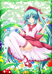 Rule 34 | 1girl, aqua eyes, aqua hair, bad id, bad pixiv id, bow, dress, female focus, flower, frills, full body, hatsune miku, inu3, long hair, mary janes, nature, outdoors, shoes, sitting, solo, thighhighs, twintails, very long hair, vocaloid, white thighhighs