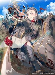 Rule 34 | 1girl, 40hara, armor, blonde hair, clenched teeth, cloud, company connection, company name, copyright name, day, dirt, english text, fire emblem, fire emblem cipher, fire emblem fates, gameplay mechanics, gauntlets, glint, grey eyes, grey hair, groin, hair slicked back, highres, holding, holding weapon, horse, horseback riding, image sample, lens flare, looking back, md5 mismatch, multiple boys, naginata, nintendo, outdoors, polearm, resized, resolution mismatch, riding, short hair, sky, sophie (fire emblem), source larger, sweatdrop, teeth, thighhighs, topless, watermark, weapon