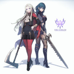 Rule 34 | 2girls, absurdres, ankle boots, armor, ascot, axe, back-to-back, black footwear, blue eyes, blue hair, boots, breasts, brown legwear, byleth (female) (fire emblem), byleth (fire emblem), cape, closed mouth, copyright name, edelgard von hresvelg, elbow pads, fire emblem, fire emblem: three houses, floral print, forehead, full body, gloves, hair between eyes, hair ribbon, hand on own hip, hand on own chest, heroes relic (fire emblem), high heel boots, high heels, highres, holding, holding sword, holding weapon, knee boots, knee pads, long hair, long sleeves, looking at viewer, looking back, medium breasts, multiple girls, nintendo, pantyhose, pauldrons, pen (steelleets), print legwear, purple eyes, purple ribbon, red cape, red legwear, ribbon, shorts, shoulder armor, silver hair, simple background, smile, standing, sword, sword of the creator, vambraces, weapon, white ascot, white background, white gloves