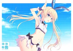Rule 34 | 1girl, 2024, :p, animal ears, arm at side, arm up, armpits, black bow, black bowtie, black wrist cuffs, blonde hair, blue sky, border, bow, bowtie, breasts, closed mouth, commentary, cowboy shot, dated, fake animal ears, floating hair, frilled cuffs, green eyes, hair between eyes, highres, leaning forward, long hair, looking at viewer, nanao naru, navel, original, rabbit ears, simple background, sky, small breasts, smile, solo, stomach, sylph (kokonobi), tongue, tongue out, twintails, very long hair, white border, wrist cuffs