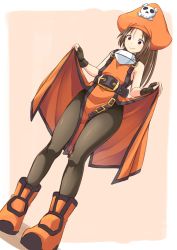 Rule 34 | 1girl, ankle boots, belt, black gloves, black pantyhose, boots, brown hair, coattails, commentary request, curtsey, dutch angle, fingerless gloves, flat chest, full body, gloves, guilty gear, guilty gear xrd, hat, legs, long hair, looking down, may (guilty gear), orange eyes, orange footwear, orange hat, pantyhose, pelvic curtain, pigeon-toed, pirate hat, poncocchan, ponytail, skull and crossbones, sleeveless, smile, solo, standing