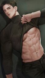 Rule 34 | 1boy, abs, bara, black hair, black pants, black shirt, closed mouth, clothes lift, highres, large pectorals, male focus, muscular, muscular male, navel, nipples, original, pants, pectorals, shirt, shirt lift, short hair, simple background, solo, ssong-ga, twitter username