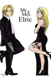 Rule 34 | 1boy, 1girl, blonde hair, blue eyes, braid, crossed arms, dress, edward elric, english text, formal, fullmetal alchemist, garter straps, high heels, highres, long hair, manea oana, mr. and mrs. smith, parody, smile, smirk, suit, weapon, white background, winry rockbell, wrench, yellow eyes
