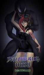 Rule 34 | 1boy, 1girl, artist self-insert, bare shoulders, black dress, blue hair, breasts, brown hair, commentary, dress, english text, fangs, glasses, highres, hizzacked, hizzy (hizzacked), lips, little black dress, long hair, long tongue, marvel, multicolored hair, original, parted lips, ponytail, round eyewear, saliva, skin tight, spider-man (series), tongue, tongue out, two-tone hair, venom (marvel), very long tongue, watermark, web address