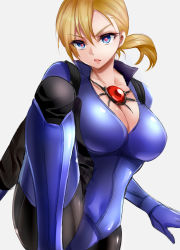 Rule 34 | &gt;:(, 1girl, absurdres, blonde hair, blue eyes, bodysuit, breasts, cleavage, collarbone, cowboy shot, fighting stance, frown, hair between eyes, has bad revision, has downscaled revision, highres, jill valentine, large breasts, leg up, looking at viewer, low ponytail, md5 mismatch, mind control, nagare, parted lips, resident evil, resident evil 5, resized, resolution mismatch, short hair, solo, source smaller, upscaled, v-shaped eyebrows