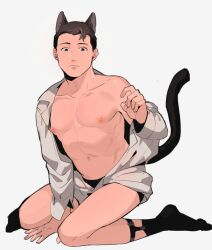 1boy :/ abs android animal_ears arm_support arm_up bare_pectorals black_male_underwear black_socks brown_eyes brown_hair cat_boy cat_ears cat_tail chinese_commentary closed_mouth collarbone commentary_request connor_(detroit) detroit:_become_human kemonomimi_mode legwear_garter long_sleeves looking_ahead male_focus male_underwear ming_(5unri5e666) navel nipples pectorals shirt shirt_partially_removed short_hair simple_background single_bare_shoulder sitting socks tail thighs underwear wariza white_background white_shirt