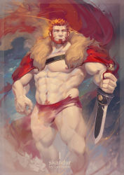 Rule 34 | 1boy, bara, beard, bulge, cape, character name, facial hair, fate/grand order, fate/zero, fate (series), highres, holding, holding sword, holding weapon, iskandar (fate), luerstine, male focus, male pubic hair, male underwear, mature male, muscular, muscular male, navel, pubic hair, red cape, red eyes, red hair, solo, sword, thighs, topless male, torn underwear, underwear, weapon