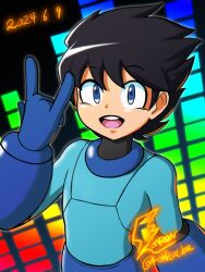 Rule 34 | 1boy, android, artist logo, artist name, black hair, blue bodysuit, blue eyes, bodysuit, check commentary, commentary request, dated, fontatoba, highres, male focus, mega man (character), mega man (classic), mega man (series), mega man day, no headwear, open mouth, short hair, smile, solo, upper body