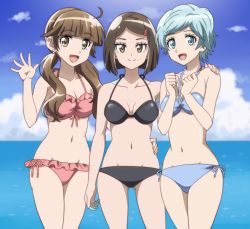 Rule 34 | 3girls, :d, anime coloring, arm around back, bikini, black bikini, blue bikini, blue eyes, blue sky, blunt bangs, breasts, brown eyes, clenched hand, cloud, day, frilled bikini, frills, hair ornament, hairclip, hand on another&#039;s shoulder, hand up, hands up, houkago saikoro club, looking at viewer, medium breasts, multiple girls, navel, onomekaman, oono midori, open mouth, outdoors, pink bikini, short hair, side-tie bikini bottom, sky, smile, standing, swimsuit, takayashiki aya, takekasa miki, twintails, water