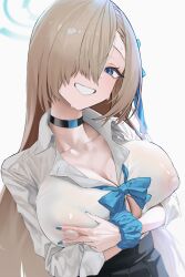 Rule 34 | 1girl, asuna (blue archive), asymmetrical bangs, blue archive, blue eyes, bow, breasts, choker, collarbone, collared shirt, covered erect nipples, grin, hair over one eye, hair ribbon, halo, highres, huge nipples, kazane-wind, large breasts, light brown hair, long bangs, long hair, long sleeves, looking at viewer, ribbon, school uniform, scrunchie, shirt, skirt, smile, solo, sweat, white background, wrist scrunchie