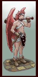 Rule 34 | 1boy, axe, bracelet, brown footwear, brown gloves, canopus wolph, club (weapon), cobblestone, collar, earrings, feathered wings, full body, gloves, hatchet, hatchet (axe), headband, highres, holding, holding axe, holding weapon, jewelry, long hair, male focus, midriff, navel, ogre battle, over shoulder, red hair, red wings, solo, spiked bracelet, spiked collar, spikes, weapon, windcaller, wings