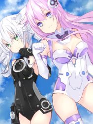 Rule 34 | 2girls, bare shoulders, black leotard, black sister, blue eyes, breasts, buran buta, cleavage, cloud, cloudy sky, covered navel, cowboy shot, day, drill hair, elbow gloves, fist bump, gloves, green eyes, hair ornament, leotard, long hair, medium breasts, multiple girls, nepgear, neptune (series), outdoors, pink hair, power symbol, power symbol-shaped pupils, purple sister, silver hair, skin tight, sky, small breasts, smile, symbol-shaped pupils, thighhighs, twin drills, twintails, uni (neptunia), white leotard