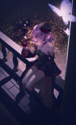 Rule 34 | 1girl, absurdres, balcony, bare shoulders, black choker, black dress, black footwear, black hat, boots, breasts, bug, butterfly, choker, city lights, cityscape, closed mouth, commentary, cup, detached sleeves, dress, drinking glass, facing viewer, flower, frilled dress, frills, hat, hat flower, highres, holding, holding cup, insect, jewelry, looking at object, lucid (maplestory), maplestory, medium breasts, medium hair, mini hat, mini top hat, night, purple eyes, purple hair, ramingbera, red flower, red nails, red rose, ring, rose, short dress, sitting, solo, strapless, strapless dress, top hat, white butterfly, wide sleeves, wine glass