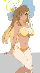 Rule 34 | 1girl, absurdres, akagi koku, arm support, bare arms, bare legs, bare shoulders, bikini, blonde hair, blue archive, breasts, cleavage, closed mouth, collarbone, commentary, expressionless, feet out of frame, flower, front-tie bikini top, front-tie top, green eyes, halo, halterneck, hat, hat flower, highres, large breasts, long hair, looking at viewer, navel, nonomi (blue archive), nonomi (swimsuit) (blue archive), official alternate costume, side-tie bikini bottom, simple background, sitting, solo, stomach, string bikini, sun hat, swimsuit, thighs, white background, white hat, yellow bikini