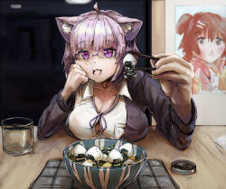 Rule 34 | 1girl, ahoge, animal ear fluff, animal ears, black collar, bowl, breasts, cat ears, cat girl, cat tail, chopsticks, collar, collared shirt, cup, drinking glass, fang, food, glasses, highres, holding, holding chopsticks, hololive, inugami korone, jacket, large breasts, liamickpie, looking at viewer, medium hair, naked shirt, nekomata okayu, nekomata okayu (oversized shirt), official alternate costume, onigirya (nekomata okayu), open mouth, purple jacket, shirt, skin fang, table, tail, virtual youtuber, white shirt