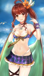 Rule 34 | ahoge, bird, blush, breasts, brown eyes, brown hair, diantha (granblue fantasy), efuri (riarea00), flower, granblue fantasy, hair flower, hair ornament, highres, looking at viewer, navel, open mouth, seagull, side ponytail, skirt, solo, swimsuit
