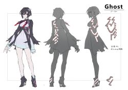 Rule 34 | 1girl, back, black footwear, black hair, blue eyes, border, character sheet, cleavage cutout, clenched hand, closed mouth, clothing cutout, english text, eyes visible through hair, frilled sleeves, frills, gradient clothes, greyscale, hair between eyes, hair ornament, heterochromia, high heels, highres, human homeosta, monochrome, multiple views, neckerchief, neckwear request, original, red eyes, red neckwear, short hair, sleeves past wrists, socks, torn, torn clothes, torn neckerchief, torn neckwear, turtleneck, white background