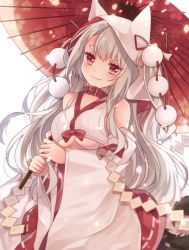 Rule 34 | 1girl, :3, animal hood, azur lane, bare shoulders, belt, blush, bow, breasts, buckle, collar, commentary request, detached sleeves, dress, highres, holding, holding umbrella, hood, japanese clothes, large breasts, long hair, looking at viewer, oil-paper umbrella, petals, pom pom (clothes), red belt, red bow, red collar, red skirt, shiina (s kashi s), short eyebrows, silver hair, simple background, skirt, smile, solo, tail, thick eyebrows, umbrella, underboob, very long hair, wedding dress, white background, wide sleeves, wolf girl, wolf tail, yuudachi (azur lane), yuudachi (the bride of solomon) (azur lane)