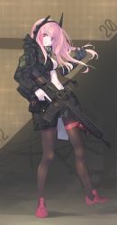 Rule 34 | 1girl, absurdres, assault rifle, black jacket, black pantyhose, closed mouth, commentary request, full body, girls&#039; frontline, gun, headgear, highres, holding, holding weapon, jacket, long hair, looking at viewer, looking to the side, m4 carbine, m4 sopmod ii (girls&#039; frontline), multicolored hair, pantyhose, pink hair, red eyes, red hair, rifle, shu70077, smile, solo, standing, streaked hair, weapon